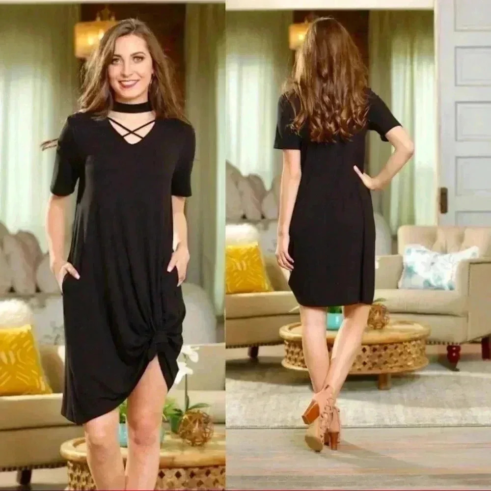 "Lettie" Black Cross Front Short Sleeve Dress